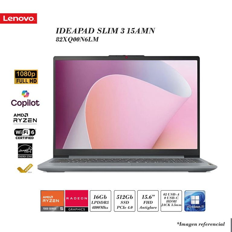 LAPTOP IDEAPAD SLIM 3 RYZEN 5-7520U 16GB DDR5 512GB SSD AMD RADEON 15.6 FHD FD