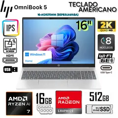 HP - Laptop Omnibook 5 16-AG1070WM AMD Ryzen AI 7 350 16GB RAM 512GB SSD 16" 2K - Glaciar Silver