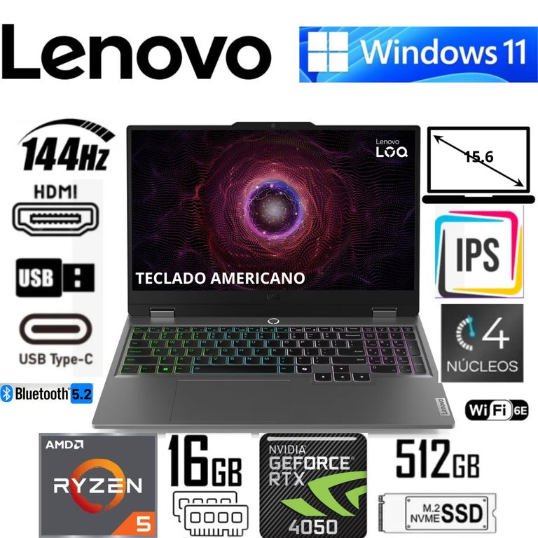 Laptop Gamer LOQ 15ARP9 Gris 15.6" FHD 144Hz AMD Ryzen 5 7235HS 16GB RAM 512GB SSD RTX 4050 6GB