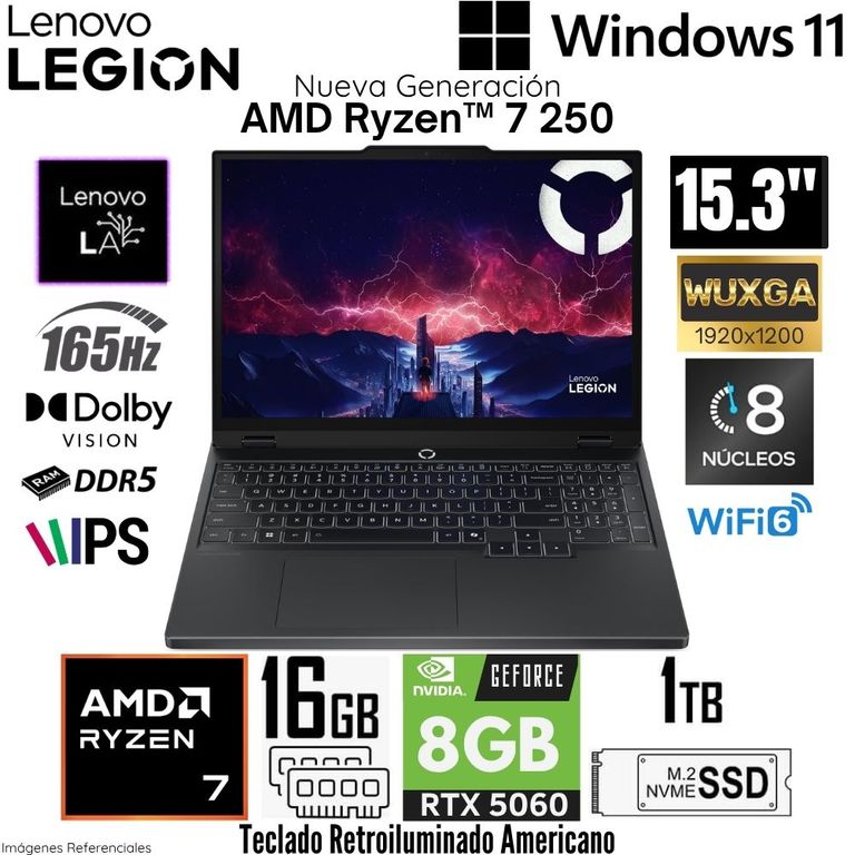 Laptop Legion 5 15AHP10 AMD Ryzen 7 260 16GB RAM 1TB SSD RTX 5060-8GB 15.3" WUXGA 165Hz