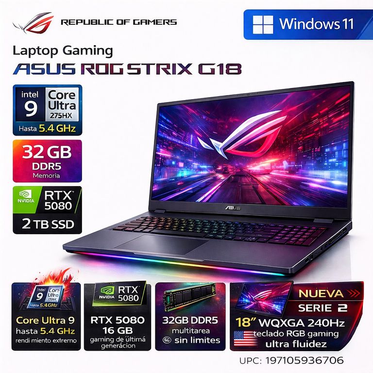 Laptop ROG Strix G18 G815LW 18″ WQXGA 240Hz Core Ultra 9 275HX 32GB RAM 2TB SSD RTX 5080 16GB RGB W11
