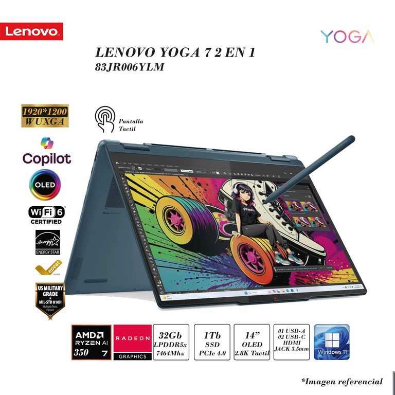YOGA 7 2-EN-1 RYZEN AI 7 350 32GB RAM DDR5 1TB SSD AMD RADEON 14 2.8K OLED TACTIL X360 FD