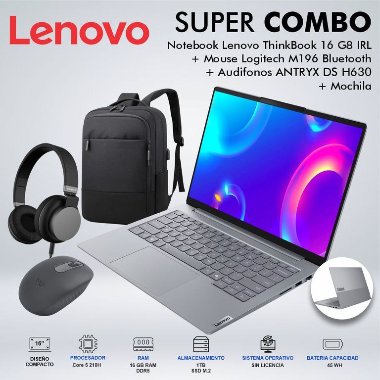 LAPTOP THINKBOOK 16 G8 IRL INTEL CORE 5 210H MEMORIA 16GB DDR5 DISCO 1TB SSD M2