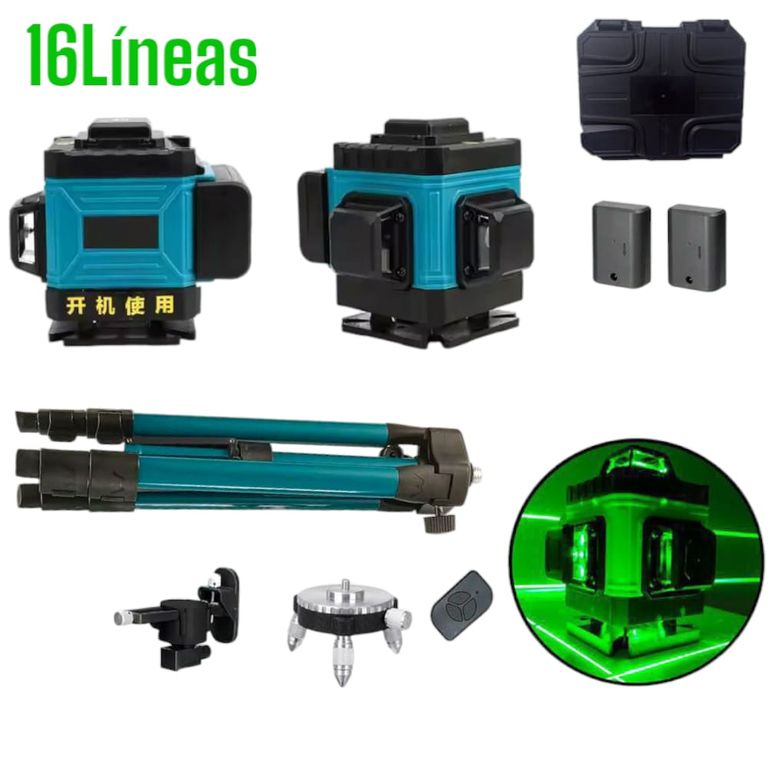Nivel Láser Verde 4D 16 Líneas 360° Profesional: Autonivelante con Trípode y 2 Baterías