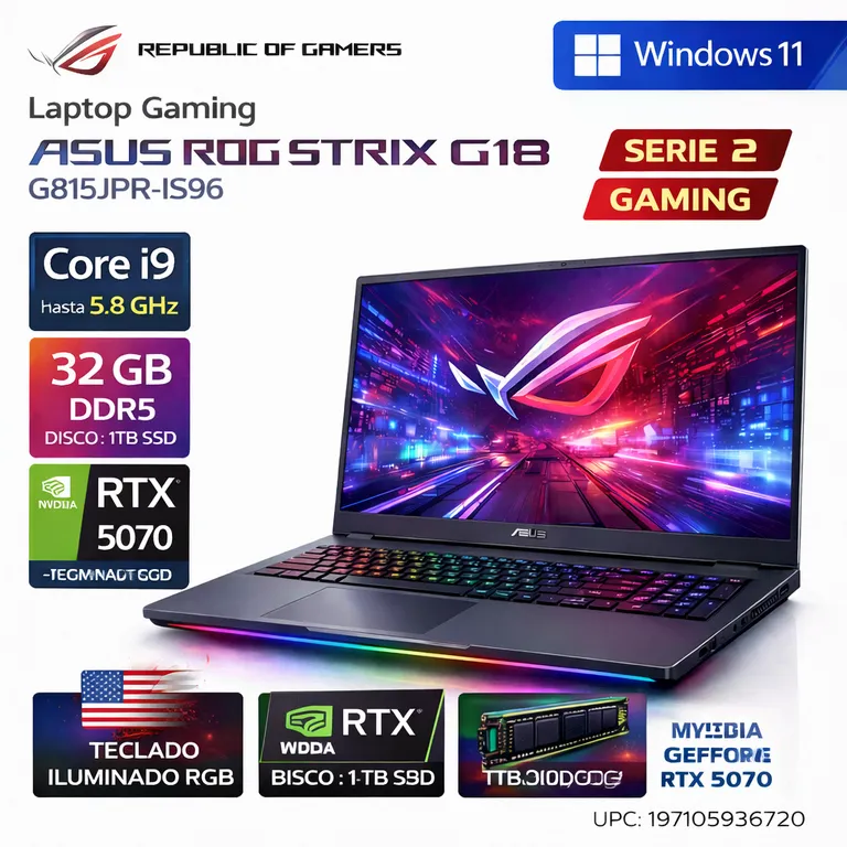 Laptop ROG Strix G18 G815JPR-IS96 18″ WUXGA Core i9-14900HX 32GB RAM 1TB SSD RTX 5070 8GB RGB W11