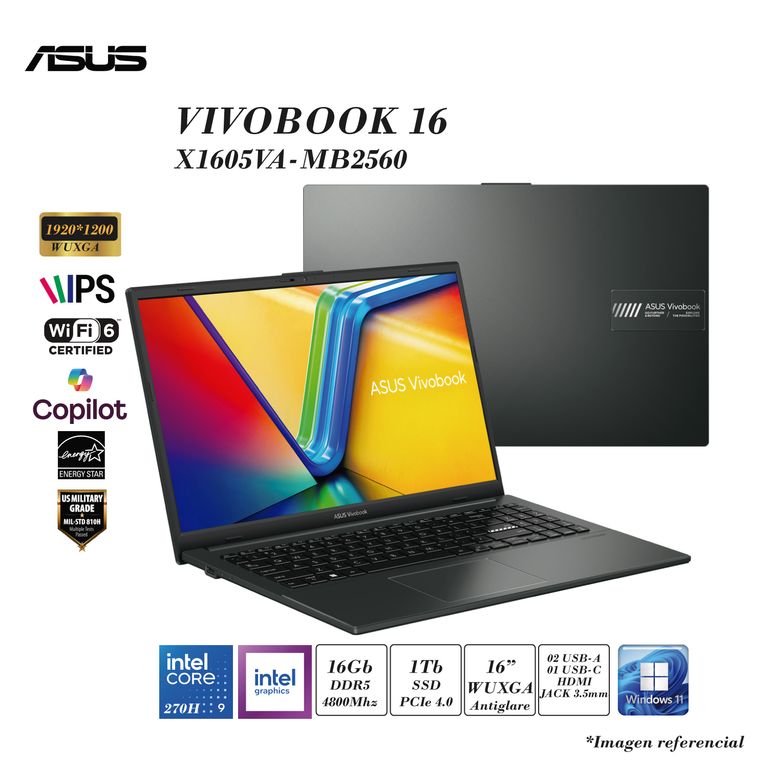 LAPTOP VIVOBOOK 16 X1605VAP CORE 9-270H 16GB DDR5 1TB SSD INTEL GRAPHICS 16 WUXGA 3CELL 42Wh