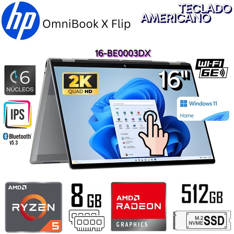 Laptop OmniBook X Flip 16-BE0003DX AMD Ryzen 5 220U 8GB RAM 512GB SSD 16" 2K IPS