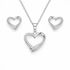 GENERICO - Set Collar + Aretes Corazón con Cristales Plata 925 Mujer Elegante