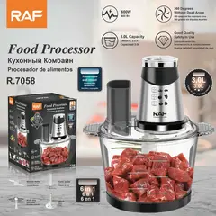 RAFF - PROCESADOR DE ALIMENTOS PICADORA ELÉCTRICA 6 EN 1 DE 3 LITROS 600W - BOWL DE VIDRIO GRUESO