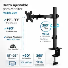 GENERICO - Soporte para Monitor 15” a 33” Brazo Ajustable 360° VESA 8kg Base Clamp Escritorio
