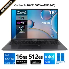 ASUS - Laptop VivoBook 16 X1605VA-MB1440, 16” WUXGA IPS, Core i7 13620H, RAM 16GB, SSD 512GB, Win 11