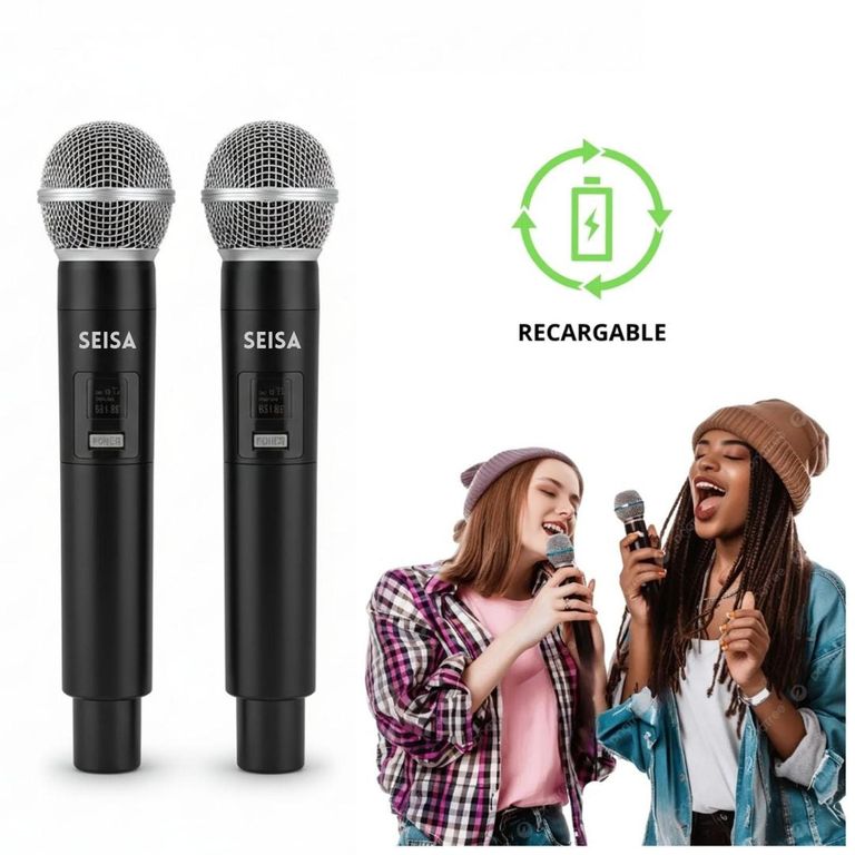 Pack x2 Micrófono Inalámbrico Doble Recargable UHF SEISA GE5-2 Karaoke