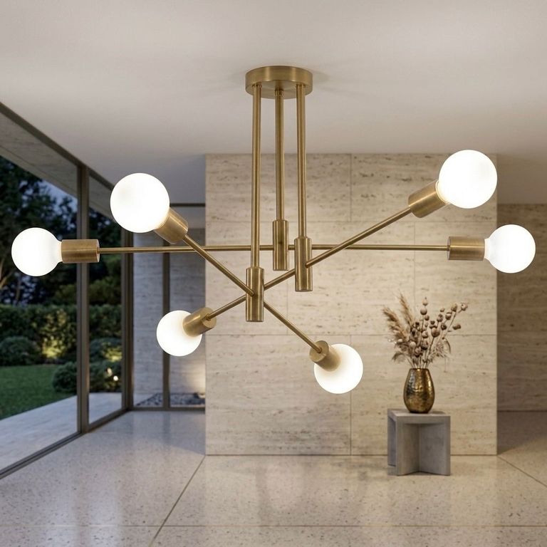 LAMPARA COLGANTE ARAÑA DORADO INCLUYE 6 FOCOS DE 3 TONOS DE LUZ LED