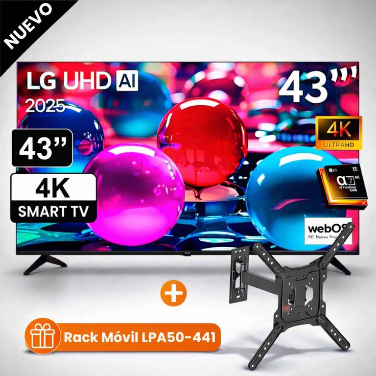 Televisor 43 Pulg Ultra HD 4K AI ThinQ 43UA7300PSB Modelo 2025 + RACK MOVIL