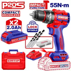 EMTOP - TALADRO PERCUTOR BRUSHLESS CHUCK METÁLICO ½" 20V 55NM 2AH - ECIDL20558