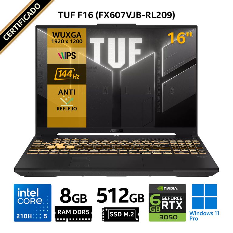 Laptop TUF F16 FX607VJB-RL209, 16" WUXGA, Core 5 210H, RAM 8GB, SSD 512GB, RTX 3050 6GB, Win 11
