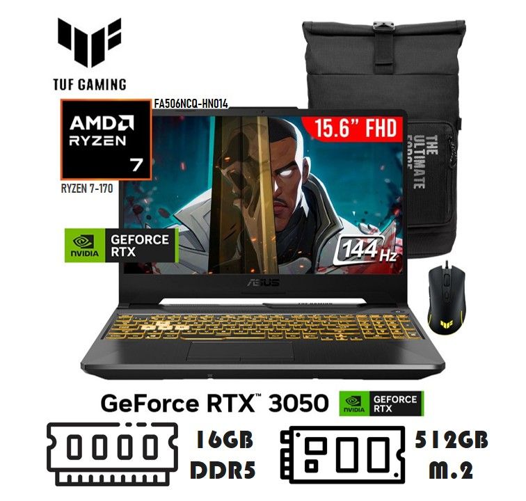 LAPTOP TUF 15.6 RYZEN 7-170 16GB DDR5 512GB M.2 RTX3050 4GB FREEDOS - GRAPHITE BLACK + BOLSO Y MOUSE TUF
