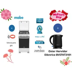 MABE - Cocina de Pie a Gas 4 Hornillas 60 cm CMP6010FG1 Silver + Válvula de Gas + Hervidor 1.7L BVSTKT3101.
