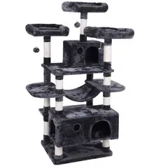 PET MOOD - Gimnasio Rascador Para Gatos Resistente Con Niveles, Hamaca y Cuevas Gris Oscuro