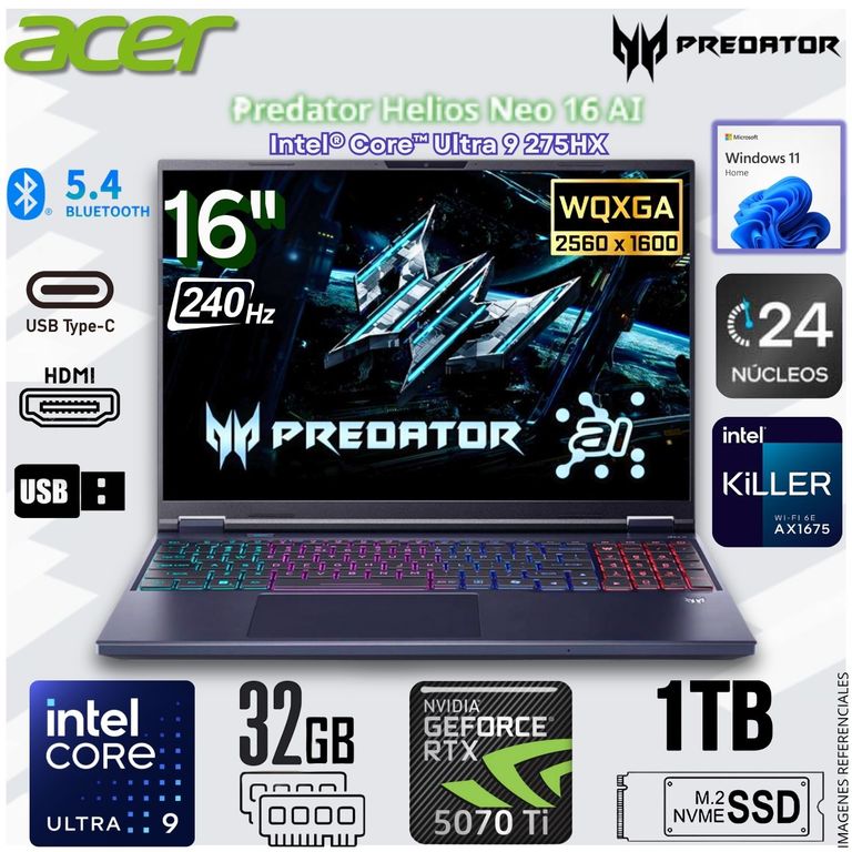 Laptop Gamer Predator Helios Neo Intel Core Ultra 9 275HX Geforce RTX™ 5070 Ti 32GB RAM 1TB SSD