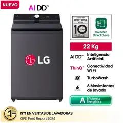 LG - Lavadora WT22EGTX 22Kg con Inteligencia Artificial Carga Superior Negro