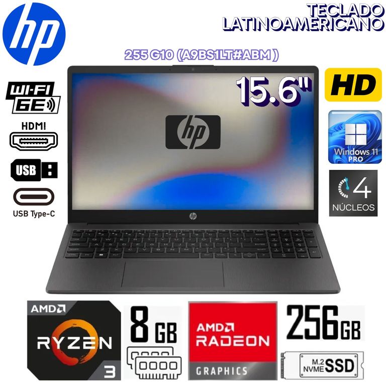 Laptop 255 G10 15.6" HD AMD Ryzen 3-7320U AMD Radeon™ Graphics 8GB RAM 256GB SSD Win 11 - A9BS1LT