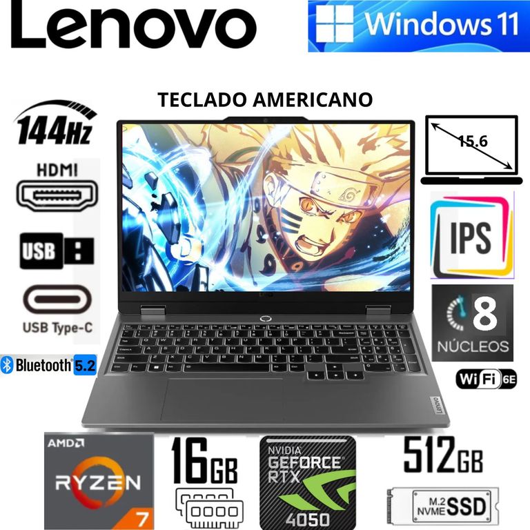 Laptop Gamer LOQ 15 Gris 15.6" FHD 144Hz AMD Ryzen 7 7735HS 16GB RAM 512GB SSD RTX 4050 6GB