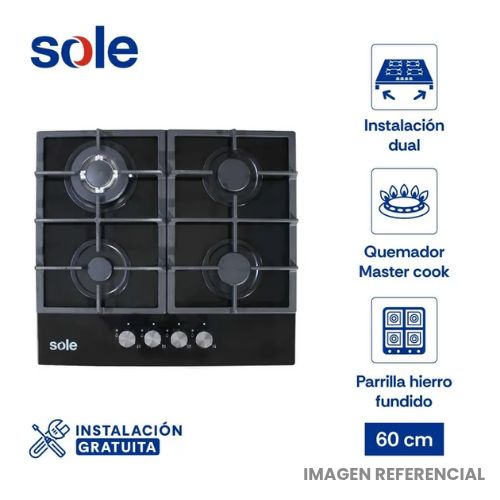 Encimera a Gas 60cm Vidrio Templado 4 Hornillas Negra 3120SOLCO045V2