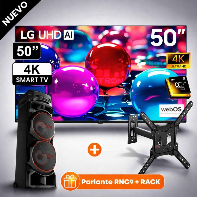 Televisor 50 Pulg Ultra HD 4K AI ThinQ 50UA7300PSB Modelo 2025 + Parlante RNC9 + Rack