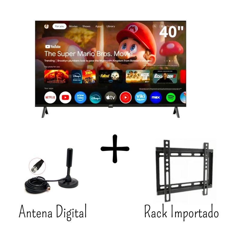 TELEVISOR JVC 40 PULGADAS QLED FHD Smart TV / GOOGLE TV LT-40KB758 + Antena Digital+ Rack Importado