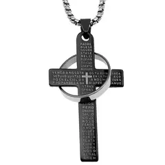 GENERICO - Collar Cruz Padre Nuestro Hombre Acero Inoxidable Negro Cadena 60 cm Regalo