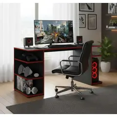 GENERICO - ESCRITORIO GAMER EN MELAMINA 18MM COLOR NEGRO CON BORDE ROJO