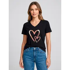 GENERICO - POLO PARA DAMA COLOR NEGRO CUELLO V CON DISEÑO DE CORAZONES