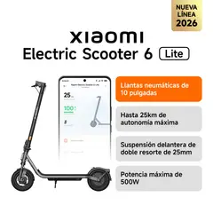 XIAOMI - Scooter Eléctrico 6 Lite Plegable Autonomía 25km Máx 25km/h Neumáticos 10" 500W Suspensión