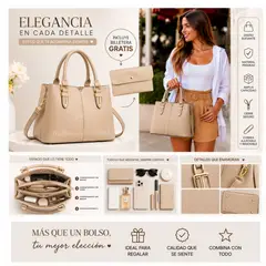 GENERICO - Cartera de Hombro o Mano Elegante con 3 Divisiones Color Beige