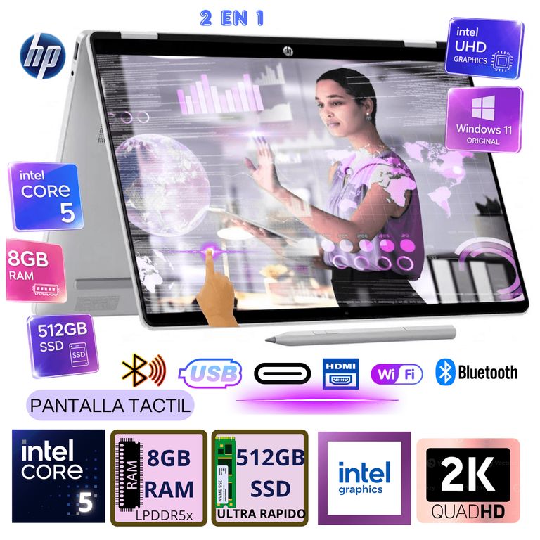 LAPTOP 2 EN 1 CORE 5 120U 8GB 512GB SSD 14" 2K PANTALLA TACTIL WINDOWS 11