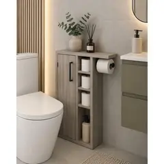 TU MESITA - Mueble Organizador de Baño Celine en Ceniza con Porta Papel y Almacenamiento Vertical