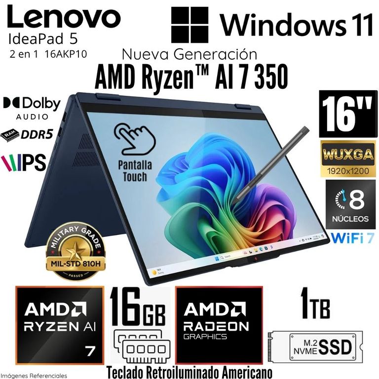 Laptop IdeaPad 5 2en 1 16AKP10 AMD Ryzen AI 7 350 16GB RAM 1TB SSD 16" WUXGA Táctil