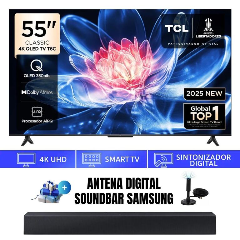Televisor 55'' QLED UHD 4K 55T6C GoogleTV 2025 + ANT + SOUNDBAR SAMSUNG