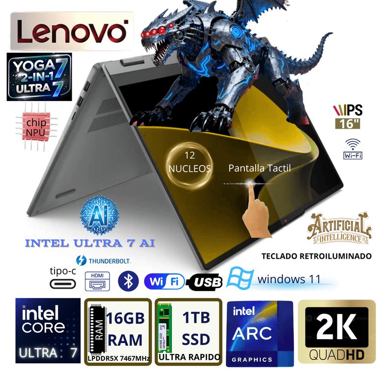 Laptop Yoga 7 2-en-1 16” Ultra 7 155U 16GB RAM 1TB SSD Pantalla Táctil Con IA Windows 11