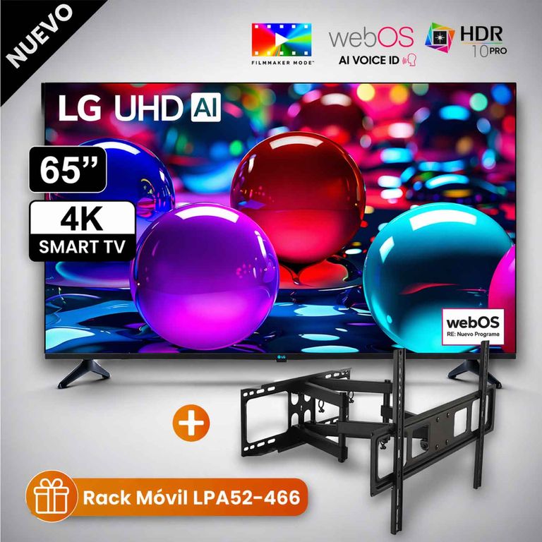 Televisor 65 Pulg. Ultra HD 4K AI ThinQ 65UA7300PSB Modelo 2025 + Rack Móvil