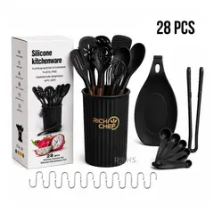OEM - Set De Utensilios De Cocina Silicona 28 Piezas Con Base Y Accesorios Resistente Al Calor Negro