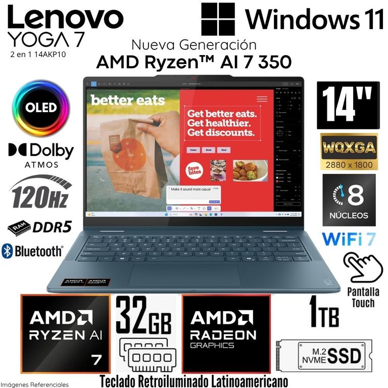 Laptop Yoga 7 2 en 1 14AKP10 AMD Ryzen AI 7 350 32GB RAM 1TB SSD 14" OLED 2.8K WQXGA TÁCTIL