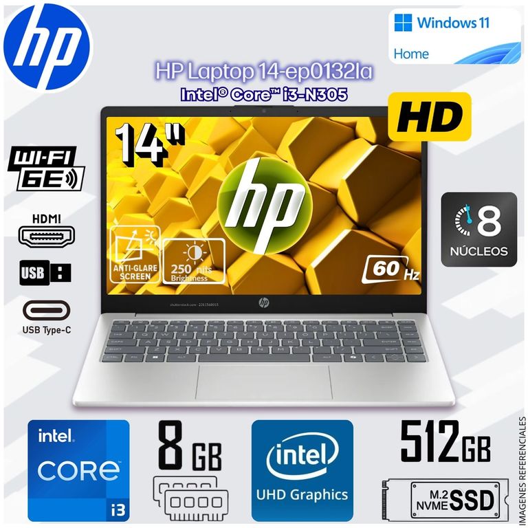 Laptop Notebook 14-EP0132LA 14 HD Intel® Core™ i3-N305 Intel® UHD Graphics 8GB DDR4 512GB SSD C92PTLA