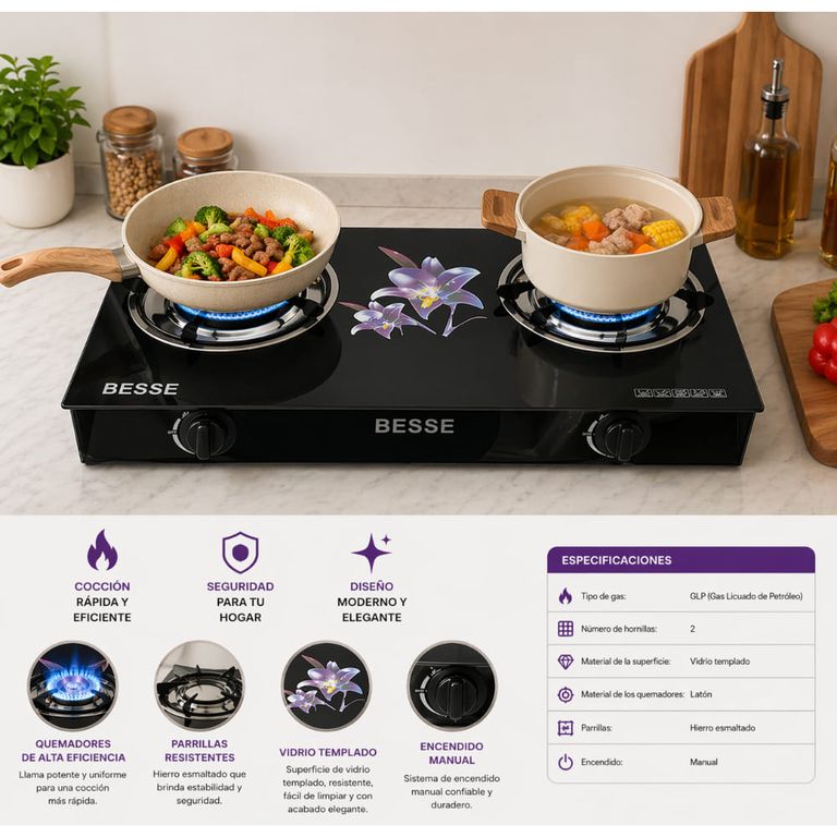 Cocina Gas 2 Hornillas Vidrio Templado Alta Potencia Diseño Moderno Elegante Compacta