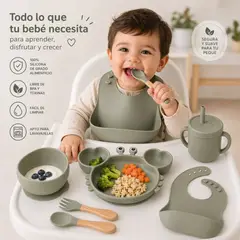 GENERICO - Set de Alimentación para Bebé de Silicona Antideslizante 9 Piezas verde - Libre de BPA