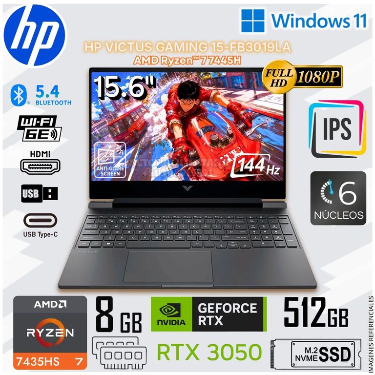 Laptop Gamer Victus 15-FB3019LA 15.6" FHD AMD Ryzen™ 7 7445H GeForce RTX™ 3050 8GB DDR5 512GB SSD