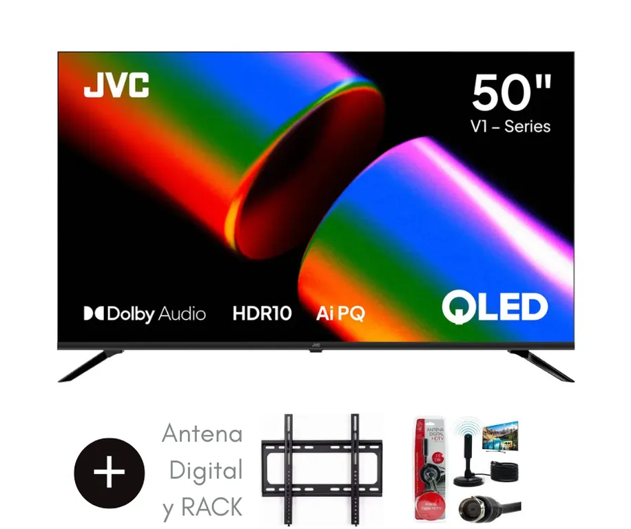 Televisor JVC QLED 50 Smart Full HD Google TV LT-50KM4584 + Antena Digital + RACK