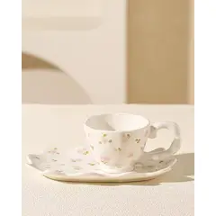 GENERICO - Set Taza Floral Vintage con Plato Ondulado Estilo Kawaii Elegante