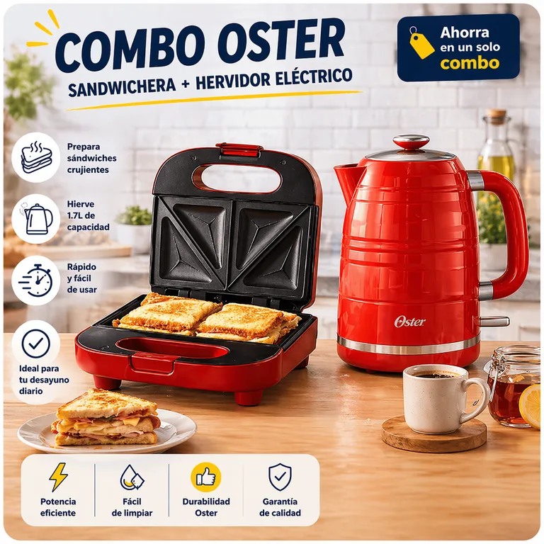 Combo Sandwichera + Hervidor Eléctrico 1.7L Desayuno Completo Rápido y Práctico